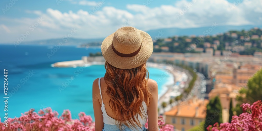Riviera Fran√ßaise. Rear view of gorgeous woman with hat admiring the urban landscape of Nice, France.