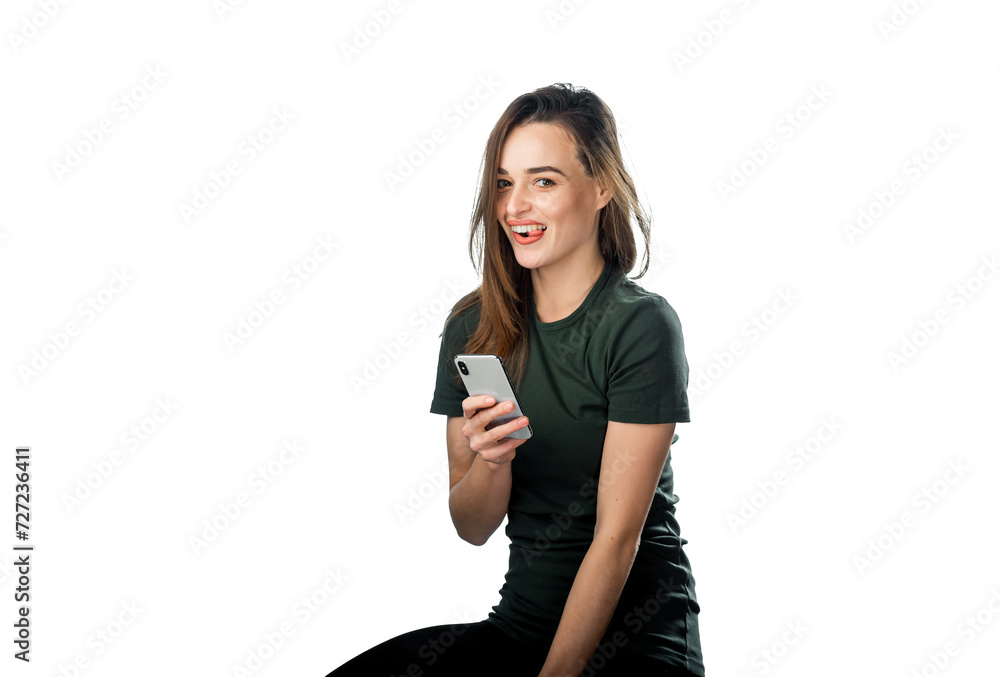 Portrait of cheerful young woman using mobile phone isolated over white background Portrait of cheerful young woman using mobile phone isolated over white background