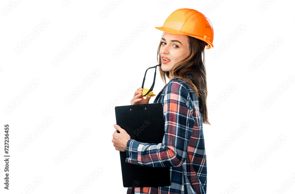 The young happy woman in helmet with folder and pencil on white background.