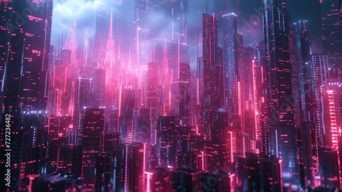A luminous cityscape with neon lights and holographic elements.