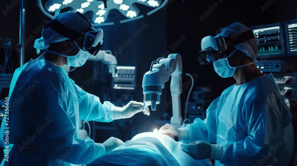 Surgeons use high-precision remote-controlled mini forceps to operate on patients in hospital. Doctors work with new technologies and monitor vital signs on holographic displays with visual effects. Surgeons use high-precision remote-controlled mini forceps to operate on patients in hospital. Doctors work with new technologies and monitor vital signs on holographic displays with visual effects.