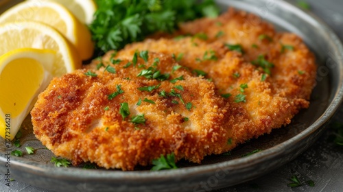 A breaded and fried veal or pork cutlet, accompanied by lemon wedges photo