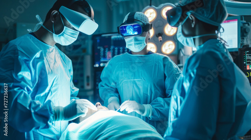 Surgeons use high-precision remote-controlled mini forceps to operate on patients in hospital. Doctors work with new technologies and monitor vital signs on holographic displays with visual effects.