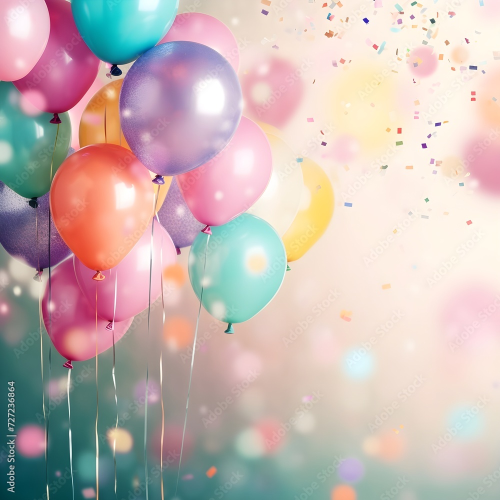 Happy birthday colorful balloons background with confetti celebration banner copy space Bokeh lights 