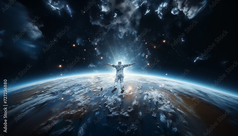Conceptual photo of Astronaut dressed light spacesuit while free falling from stratosphere on Earth and enjoying planet . Space exploration and sci fi concept image. - obrazy, fototapety, plakaty 