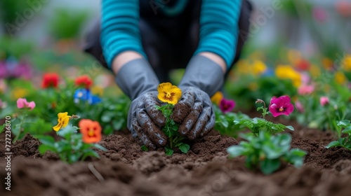 A gardener planting colorful flowers.