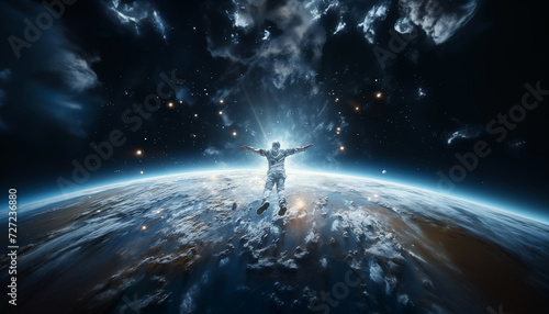 Conceptual photo of Astronaut dressed light spacesuit while free falling from stratosphere on Earth and enjoying planet . Space exploration and sci fi concept image. photo