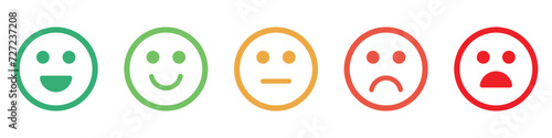 Satisfaction rating. Feedback scale with colored emoticon faces, good to bad user experience vector illustration. eps 10