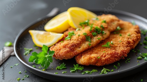 A breaded and fried veal or pork cutlet, accompanied by lemon wedges