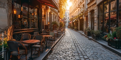 Quaint Parisian street lined with sidewalk cafes in France. © ckybe