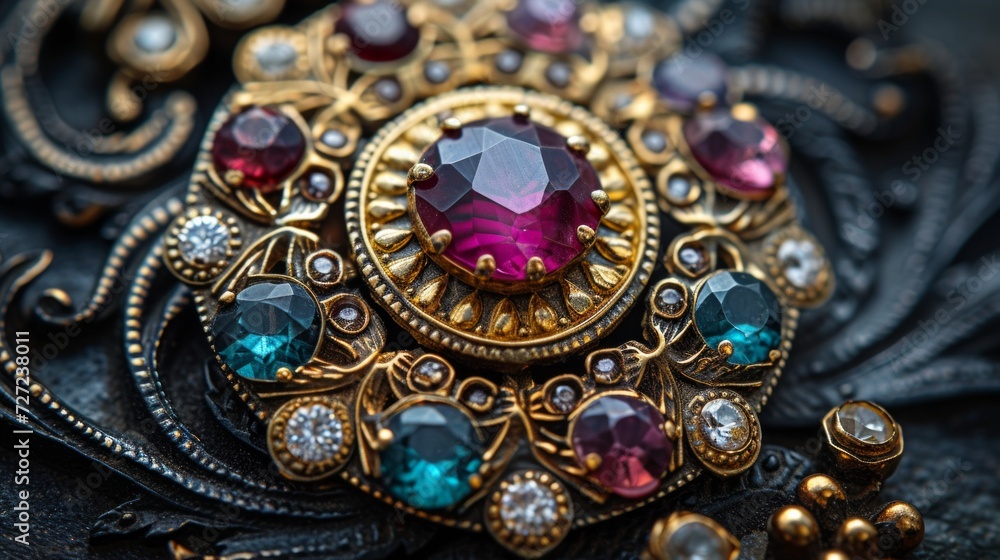 A close-up of an ornate vintage brooch, adorned with intricate engravings and shimmering gems.