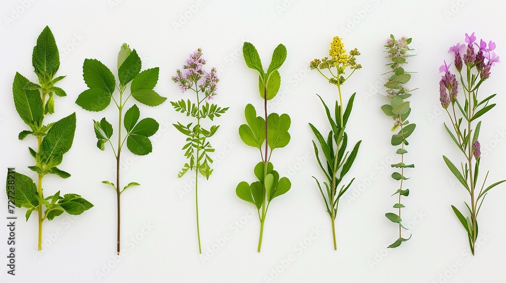 Various medicinal plants individually against a clean white background, background image, generative AI - obrazy, fototapety, plakaty 