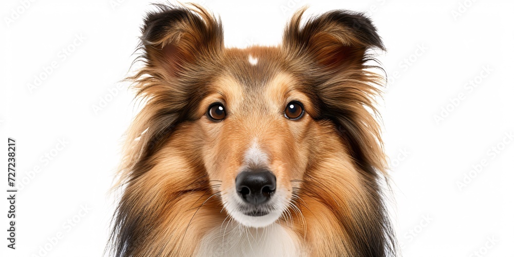 A pristine shetland canine posing against a blank backdrop.