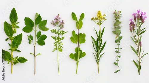 Various medicinal plants individually against a clean white background, background image, generative AI photo