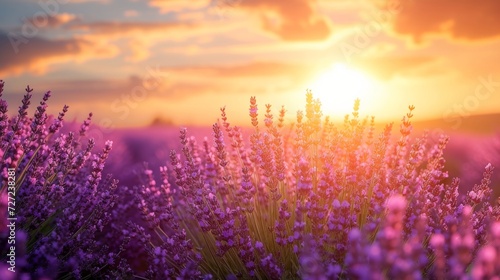 A field of vibrant purple lavender under a bright, sunny sky