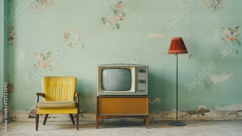 Analogue old vintage retro style TVset, yellow armchair, floor lamp near wallpaper wall art deco style living room. Media services, new digital world, end of analog devices, streaming services concept photo