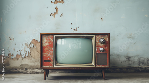 Analogue old vintage retro style wooden TVset near peeled wall in abandoned house. Media services, new digital world, end of analog devices, streaming services concept image. photo