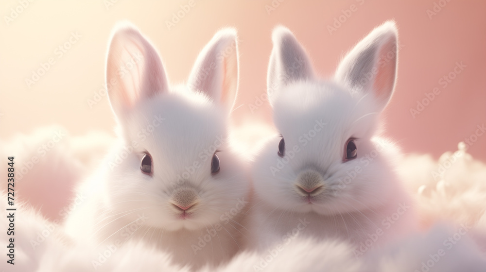 Two cute white furry bunny animal hares sit close-up on a fur blanket against a pink background.