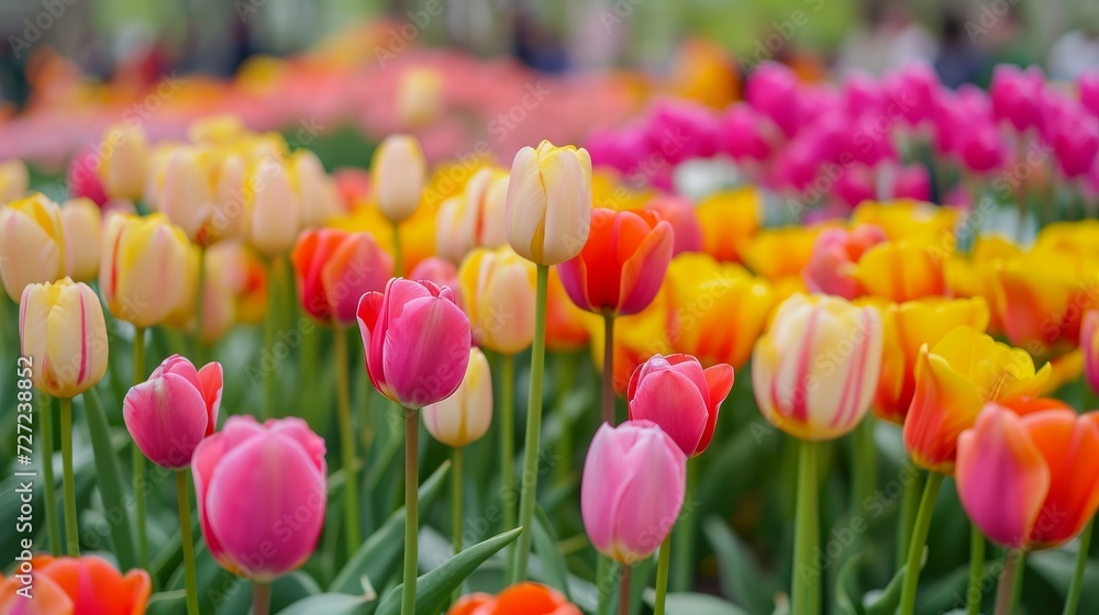Vibrant Tulips Blooming in a Park Field, Spring Vibrant Tulips Blooming in a Park Field, Spring