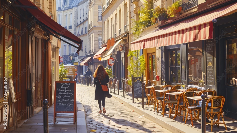 Morning stroll in Paris featuring a quaint French bistro and a lady strolling the streets.