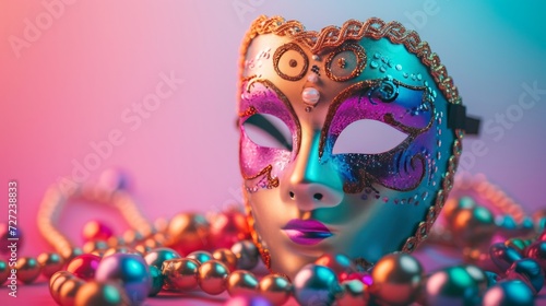 A carnival mask and beads lie on a minimalistic bright background. Mardi grass carnival concept.