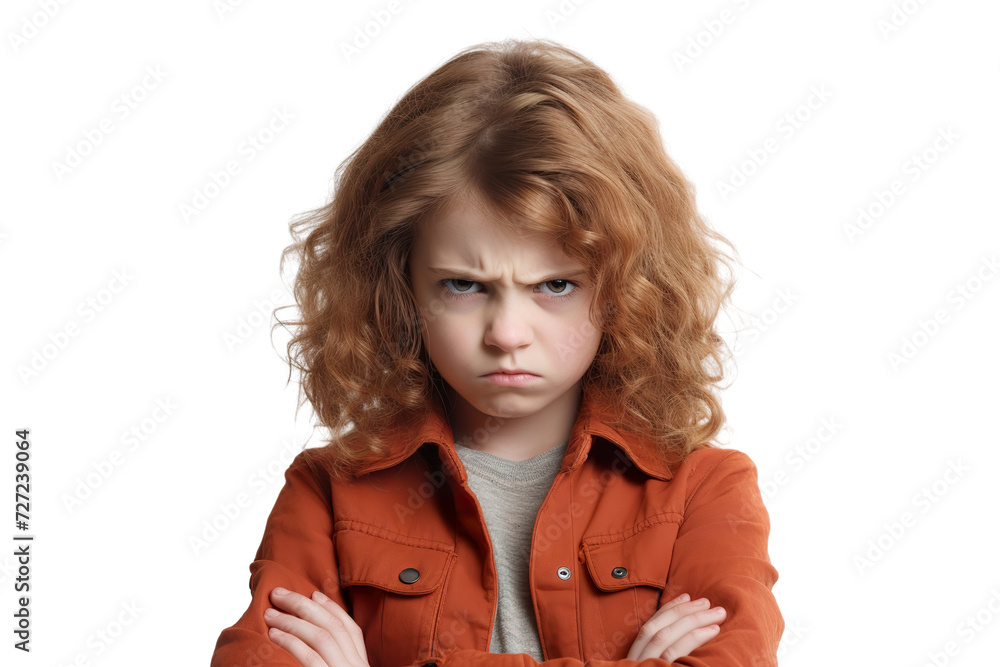 Angry belligerent kid girl looking at the camera white background PNG