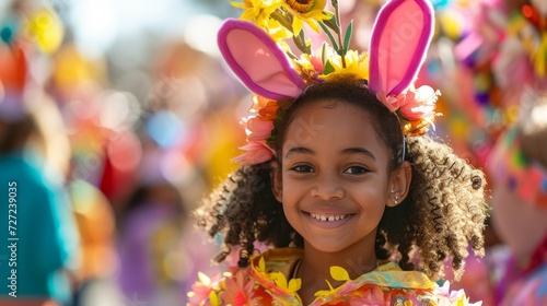 A community Easter parade with people in costumes, vibrant floats, and a joyful, festive atmosphere.