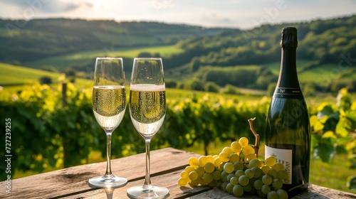 Experience a sampling of top-quality effervescent white wine, overlooking lush French vineyards of pinot noir and meunier grapes. photo