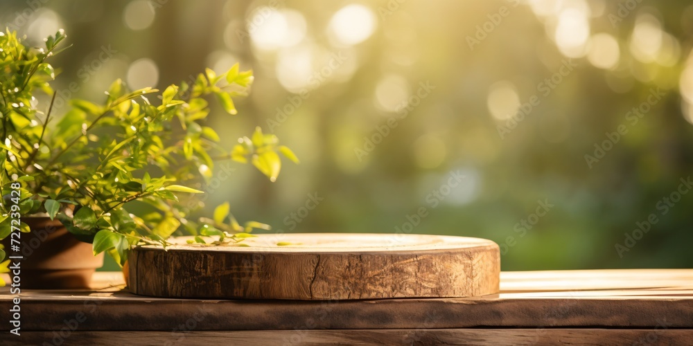 Wooden podium on farm with natural backdrop used for showcasing food, fragrance, and other items during morning sunlight. Wooden podium on farm with natural backdrop used for showcasing food, fragrance, and other items during morning sunlight.