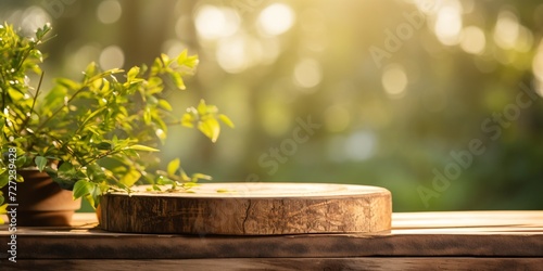 Wooden podium on farm with natural backdrop used for showcasing food  fragrance  and other items during morning sunlight.