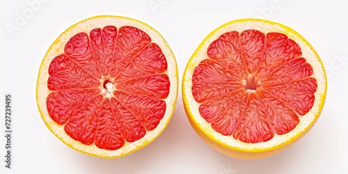 Two Mature halves of peachy grapefruit produce separated on blank backdrop.
