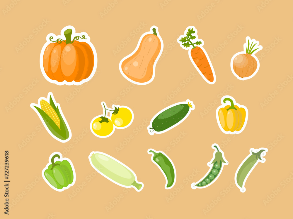 Set of vegetable stickers. Carrot, yellow tomatoes, pumpkin, peas, onion, paprika, cucumber, corn, zucchini, hot peppers. Various agricultural products. Harvest vector illustration. Set of vegetable stickers. Carrot, yellow tomatoes, pumpkin, peas, onion, paprika, cucumber, corn, zucchini, hot peppers. Various agricultural products. Harvest vector illustration.