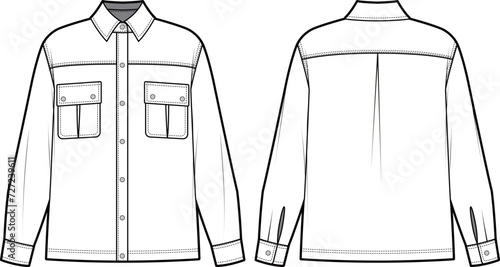 Technical flat sketch of Oversize shirt. Collared outwear top with two patch pockets. Flap pocket with pleats. Front and back apparel. Vector mock up Template.  photo