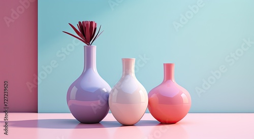 A vibrant display of various flowers and leaves arranged in colorful vases, set against a bright backdrop.