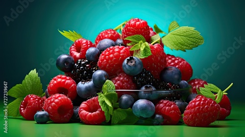 raspberries and blueberries disposed on a green background