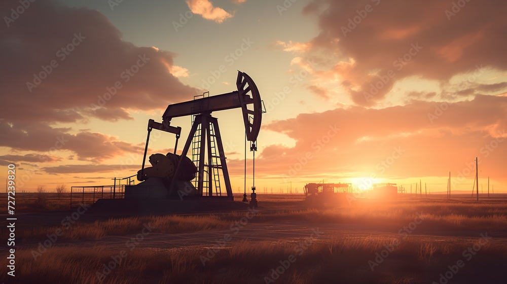 silhouette of industrial oil pump at sunset, fuel rig derrick, energy and power supply concept