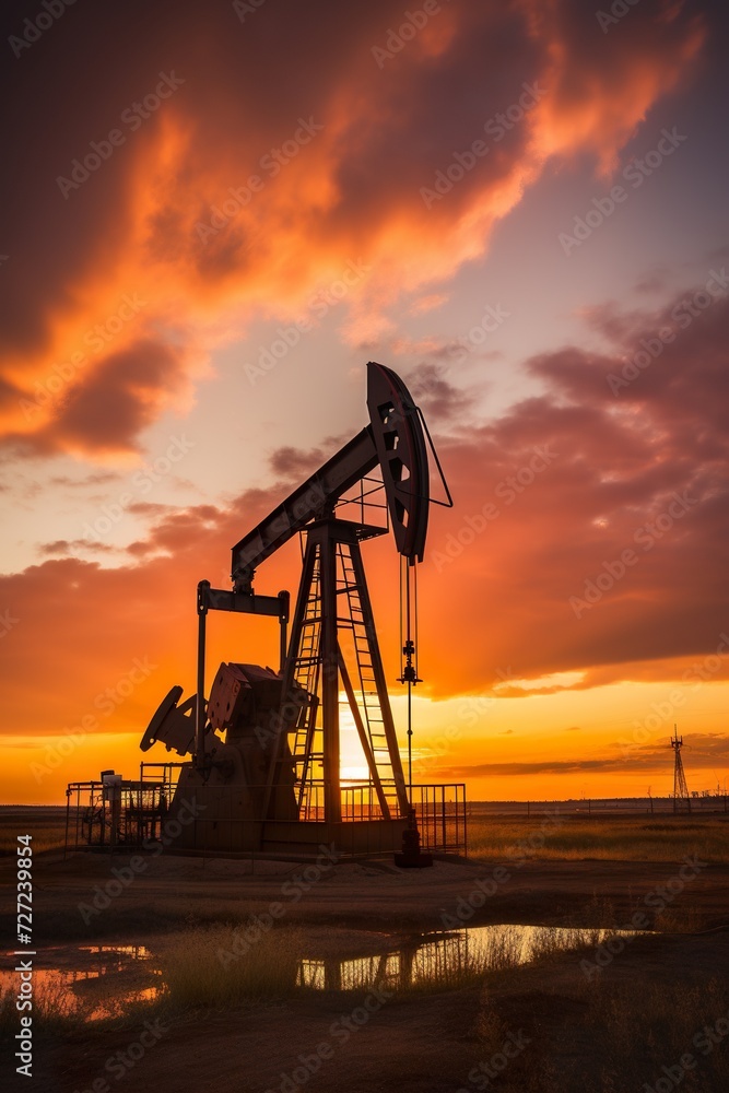 silhouette of industrial oil pump at sunset, fuel rig derrick, energy and power supply concept