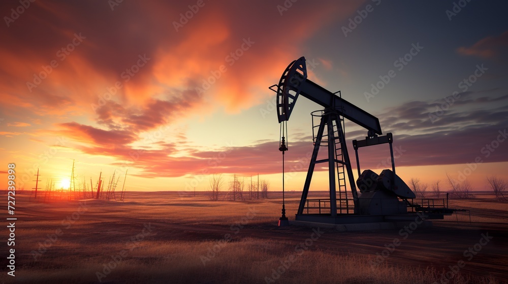 silhouette of industrial oil pump at sunset, fuel rig derrick, energy and power supply concept