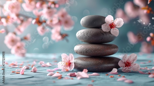 Pebbles balancing, with flowers background. Sea pebble. Colorful pebbles. For banner, wallpaper, meditation, yoga, spa, the concept of harmony, ba lance. Copy space for text