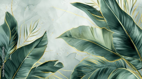 Abstract illustration of dark tropical large leaves, with gold lines, luxury elegant background. Tropical wallpaper photo