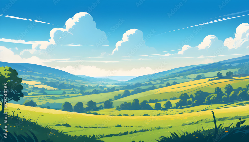 Serene Countryside Landscape With Lush Green Fields and Clear Blue Sky, illustration