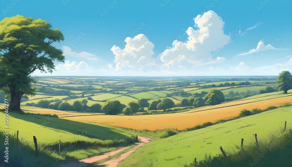 Obraz premium Serene Countryside Landscape With Lush Green Fields and Clear Blue Sky, illustration