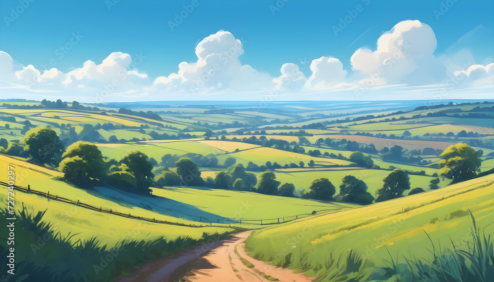 Serene Countryside Landscape With Lush Green Fields and Clear Blue Sky, illustration