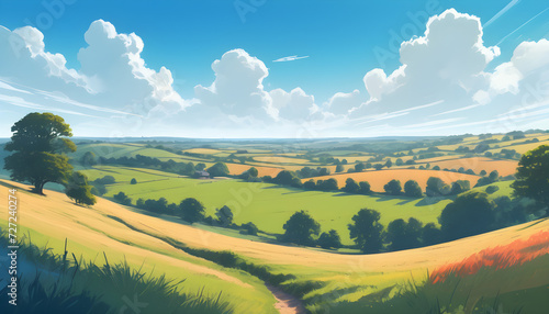 Serene Countryside Landscape With Lush Green Fields and Clear Blue Sky  illustration