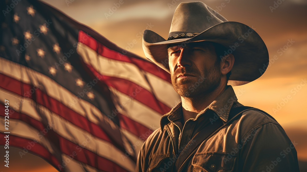 American Spirit: Cowboy in Front of the USA Flag. Concept National holidays , Flag Day, Veterans Day, Memorial Day, Independence Day, Patriot Day. Generative AI.