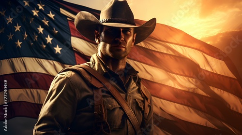 American Spirit: Cowboy in Front of the USA Flag. Concept National holidays , Flag Day, Veterans Day, Memorial Day, Independence Day, Patriot Day. Generative AI.