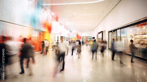 busy people at shopping mall, blurred motion and selective focus, men and women in rush at retail shop trading center