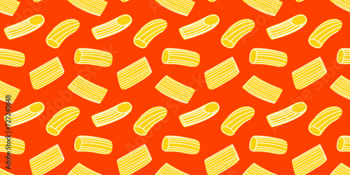 Italian pasta on red background. Horizontal seamless pattern. Modern prints for menu design, cookbooks, fabric, etc.