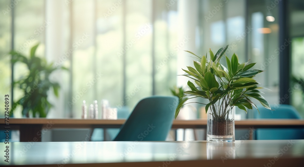 Fototapeta premium bright and clean modern office interior with panoramic windows, contemporary furniture and stylish design