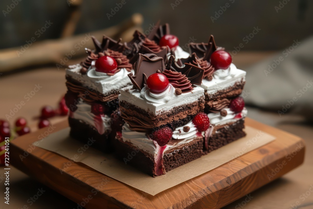 Cubic black forest cake with cherry on top, Dessert pastry bakery chocolate frosting baking Cubic black forest cake with cherry on top, Dessert pastry bakery chocolate frosting baking
